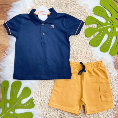 Conj. Camiseta Gola Polo Dino BG e Bermuda - Marinho e Mostarda